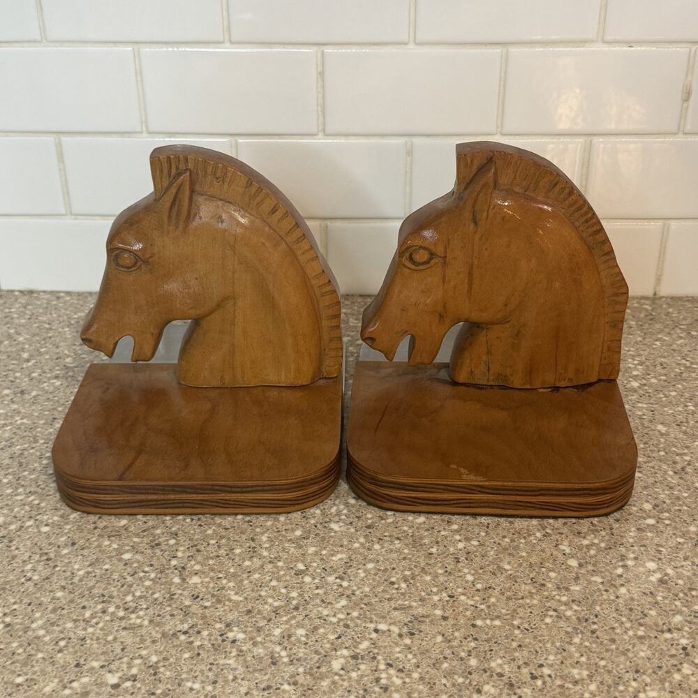 Vintage Pair Wood Horse Head Bookends Lighter Weight Partial Metal Base Wooden